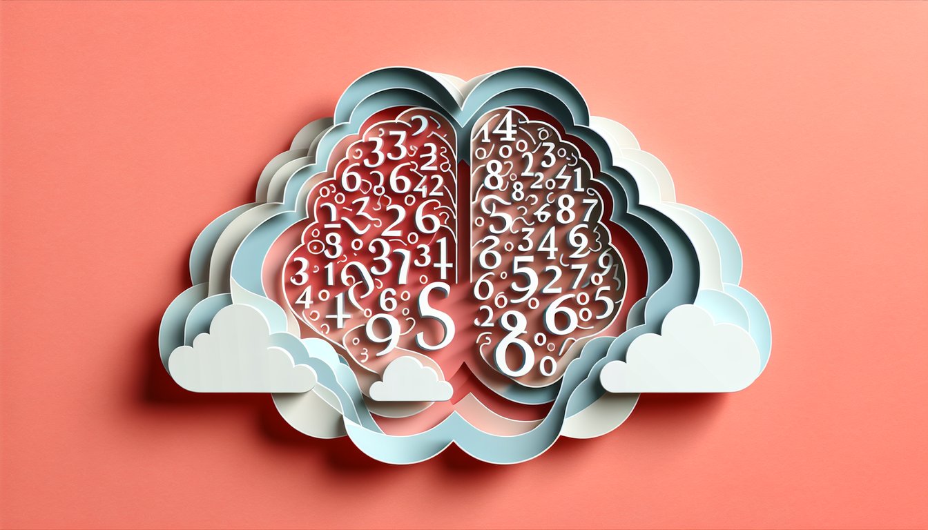Paper art brain with floating numbers and question mark shapes on coral background inviting a mind reading quiz