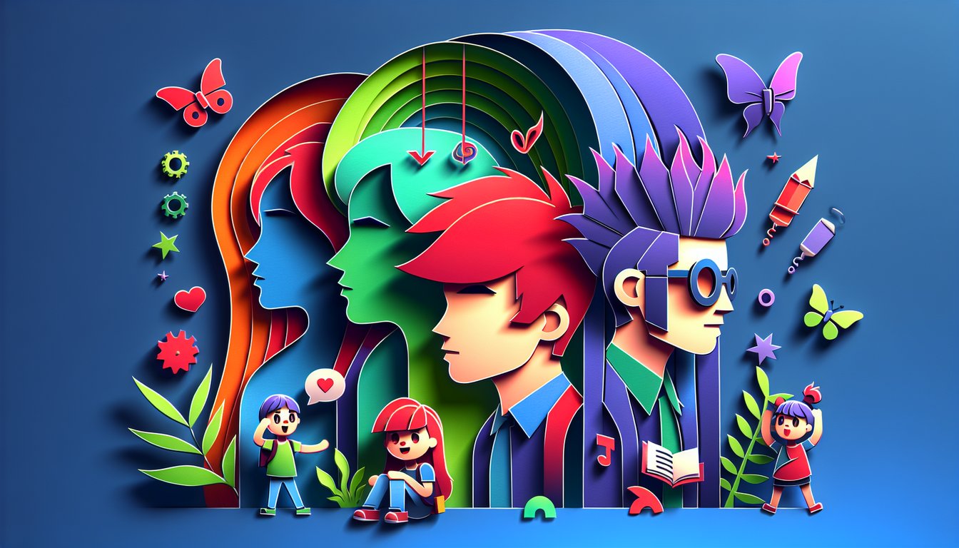 Paper art illustration for Big Mouth character personality quiz on dark blue background