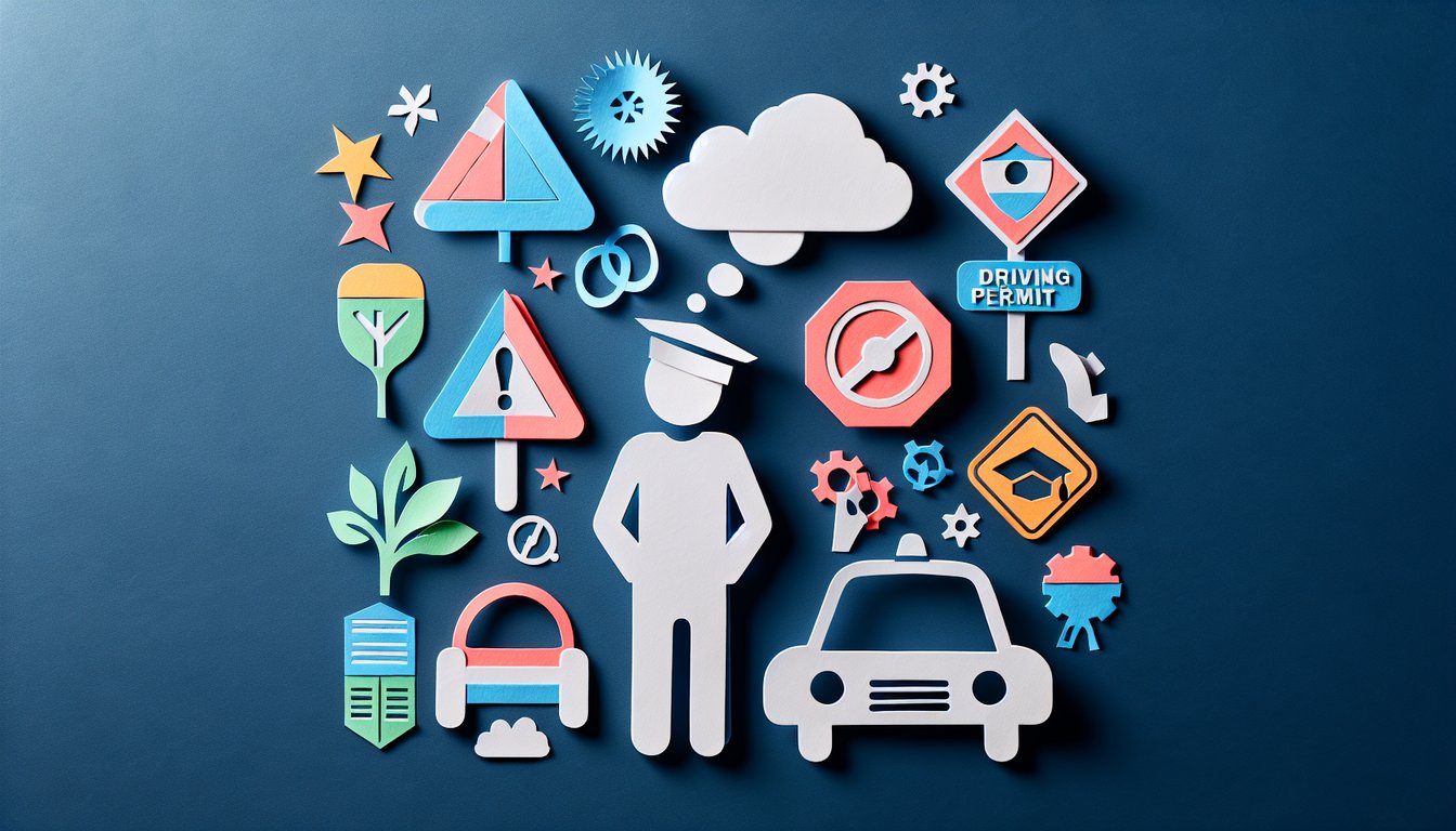 Colorful paper art promoting Permit Prep Power, a driving quiz for high school students.