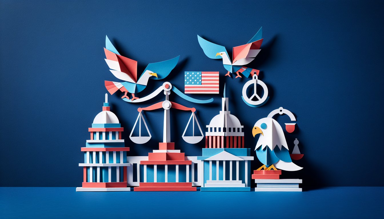 Colorful paper art promoting a US Government trivia quiz for high school students.