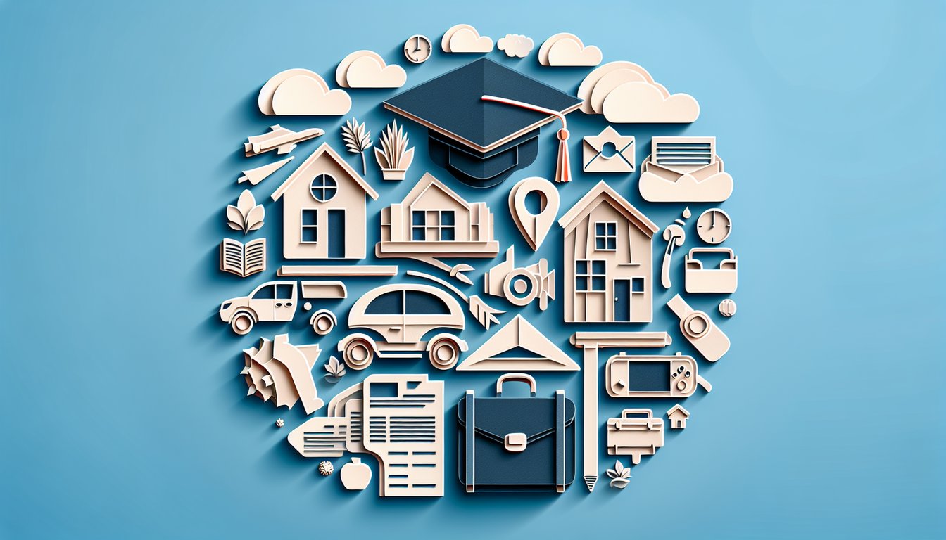 paper art illustration of adulthood readiness quiz with icons for growth goals strengths challenge on sky blue background