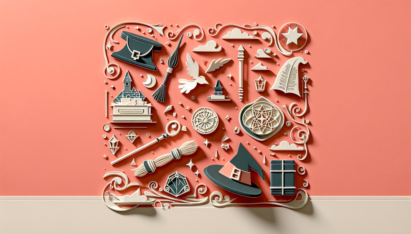 Paper art scene with wizard silhouettes hearts stars on coral background for Harry Potter match quiz