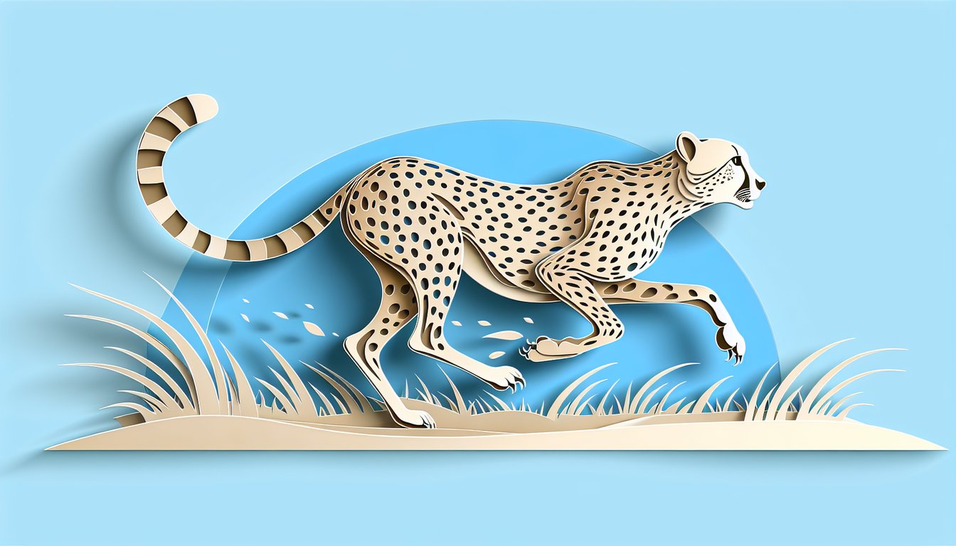 Paper art cheetah anatomy diagram on sky blue background with layered paper cutouts showing skeleton muscles spots