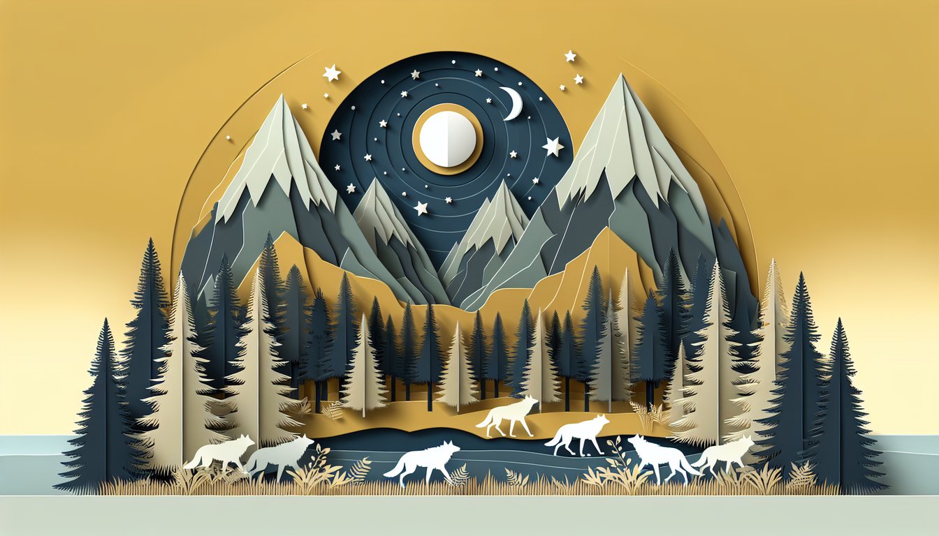 Paper art style open book with sled dog tracks forests and mountains on golden yellow background.