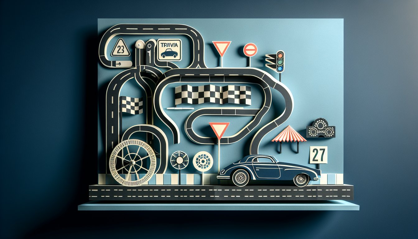 Colorful paper art display promoting Automotive Trivia Challenge quiz
