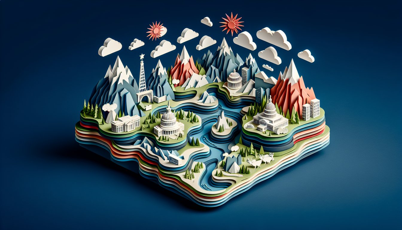 Paper art illustration promoting a free state capitals trivia quiz on a dark blue background