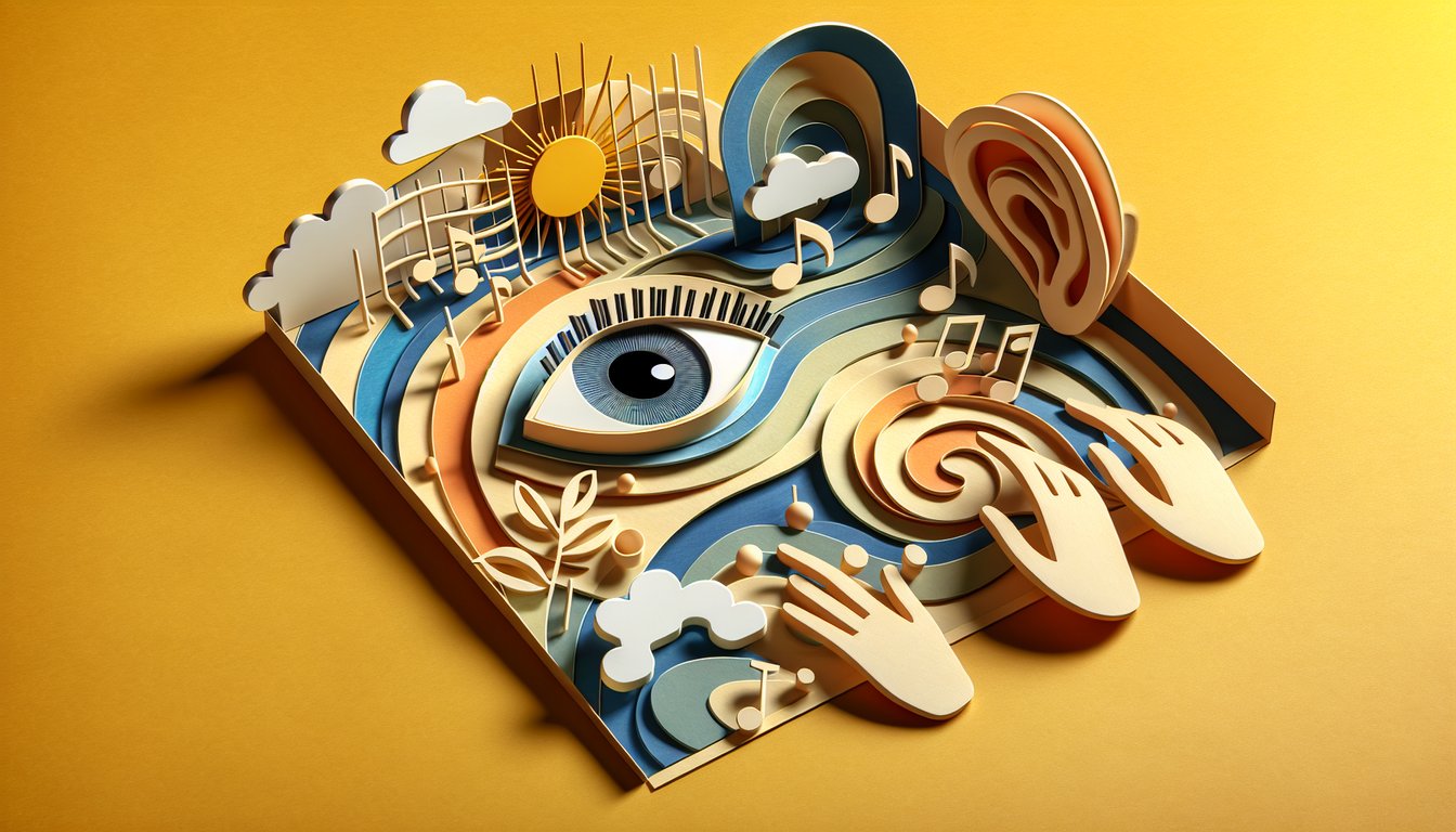 Paper art of pencil headphones hands and chat icons on golden background for visual auditory kinesthetic learning quiz