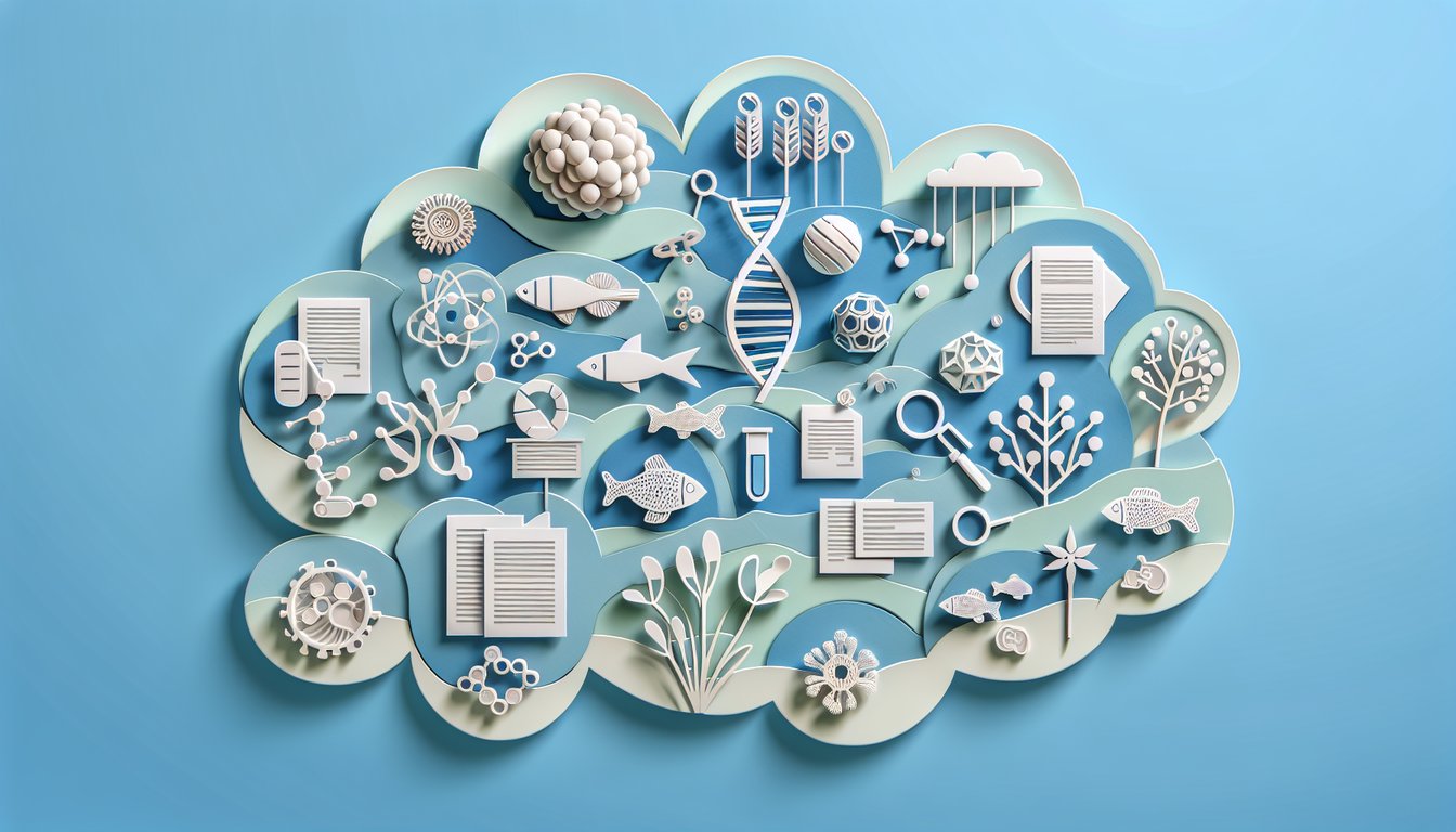 Paper art illustration of DNA strands cells leaves on sky blue background for AP Biology final review quiz