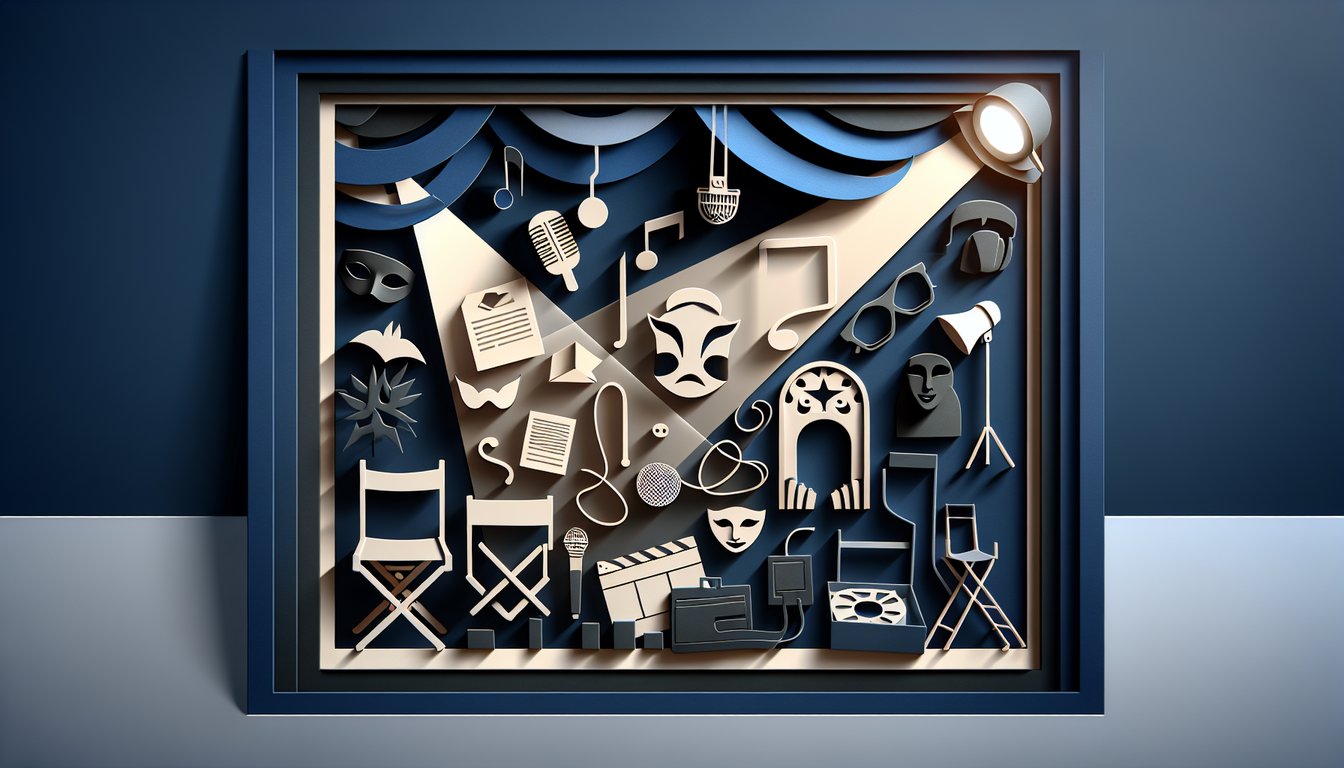 Paper art illustration showing stage mask script film clapper and spotlight for acting quiz on dark blue background