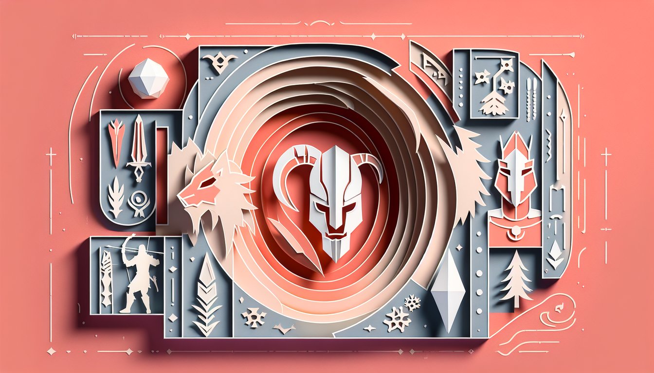 Paper art illustration for Skyrim race personality quiz on a coral background