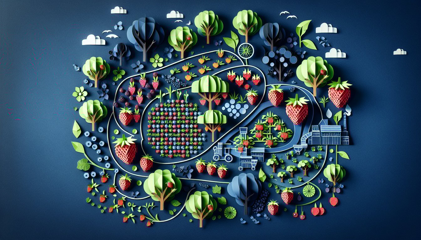 3D voxel art showcasing various stages of small fruit production process