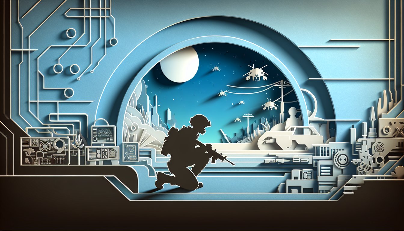 Paper art scene of Gears of War 4 quiz, featuring Dels tactics and Sophias heroics on sky blue background
