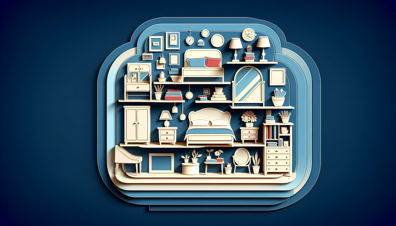 Paper art collage of layered bedroom decor shapes on dark blue background promoting free bedroom aesthetic quiz