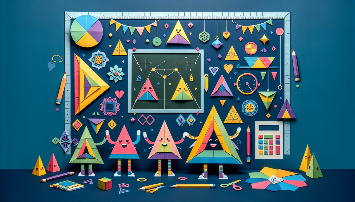 Paper art showcasing trivia for The Triangle Duo Challenge, a geometry quiz for middle schoolers.