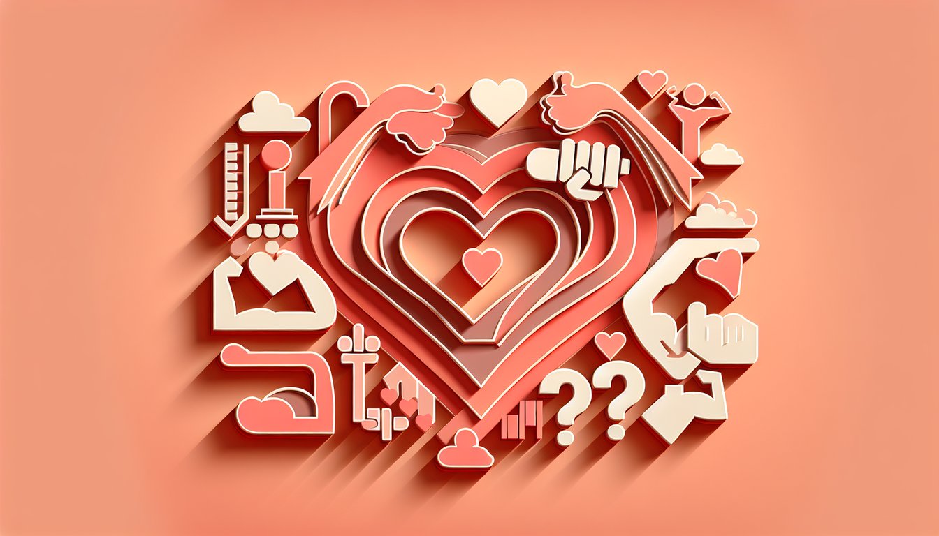 Paper art illustration for a romance-themed personality quiz on a coral background