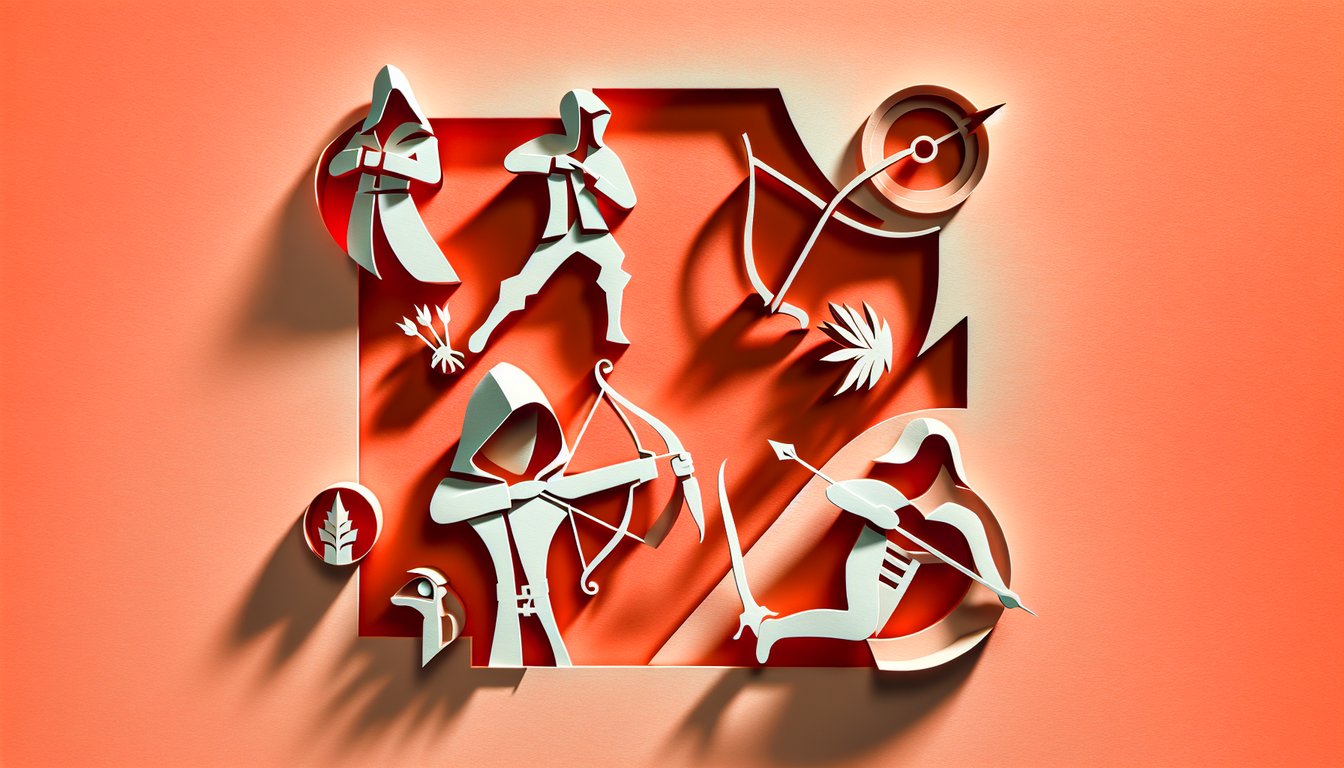 Paper art illustration of hooded figure dagger target icon poison vial on coral background
