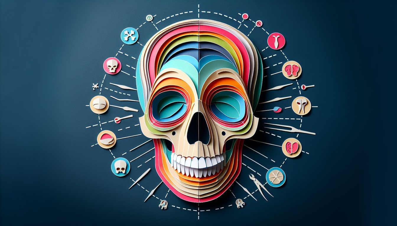 Paper art representing a trivia quiz on skull anatomy for high school biology students.