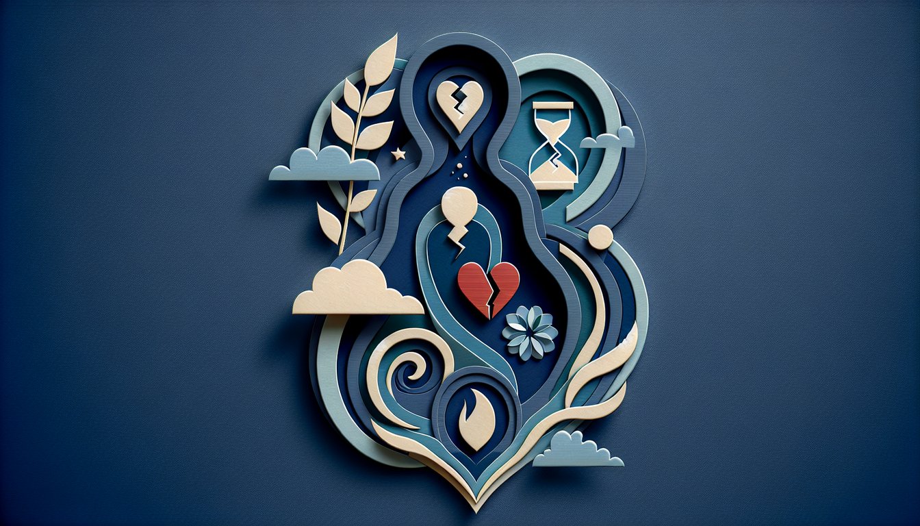 Paper art hearts torn letter on dark blue background for breakup quiz testing healing progress and leftover feelings.
