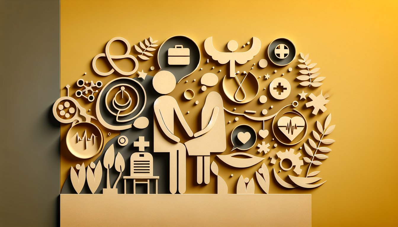 Paper illustration of doctor and patient linked by arrows on golden yellow background for quiz on four relationship models