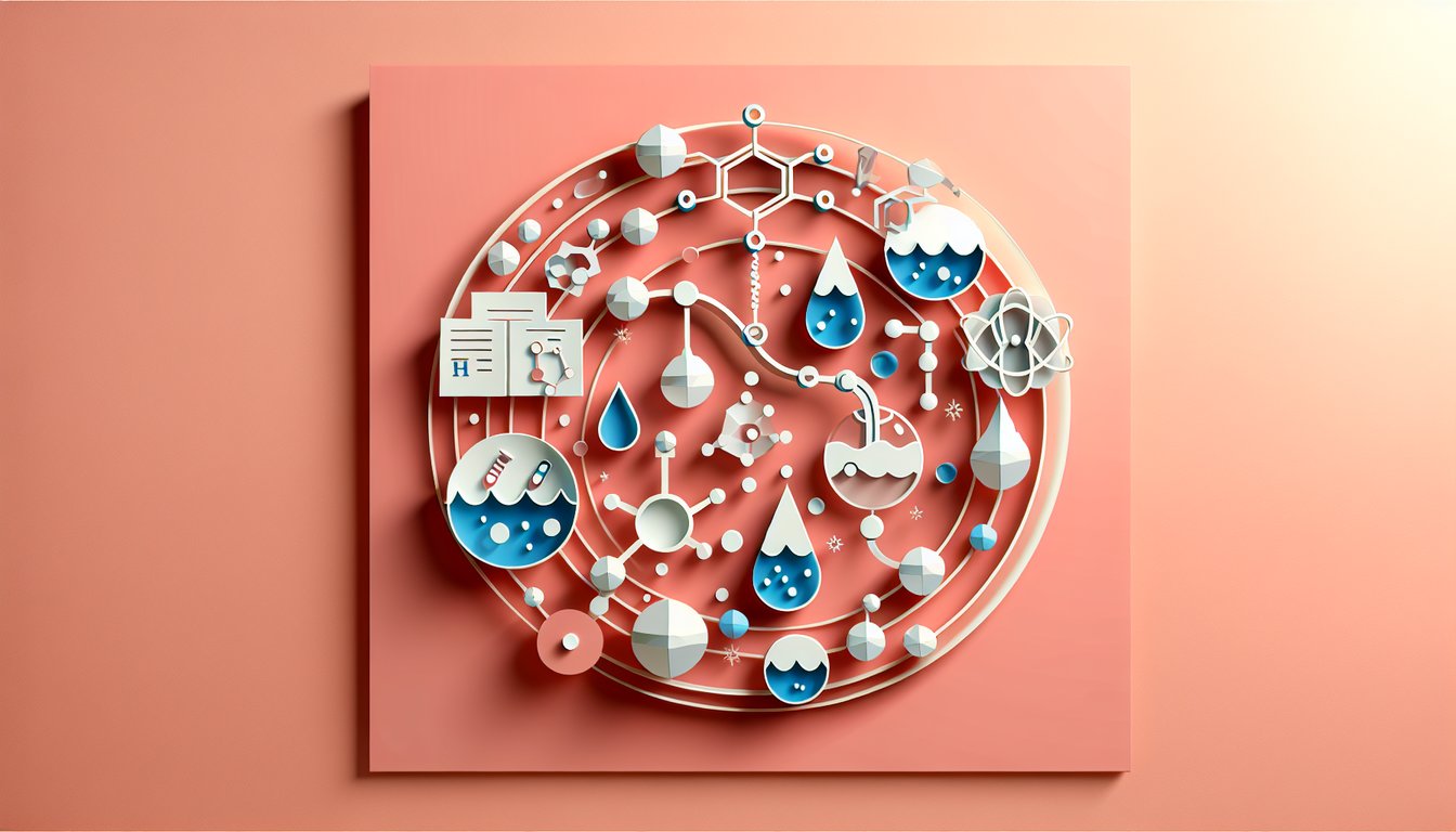 Paper art chemistry quiz scene on coral with beakers molecules ions droplets solubility electrolytes evaporation