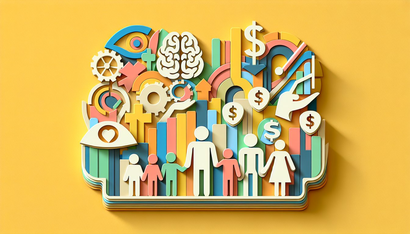 Paper art icons representing social science quiz topics on golden yellow background
