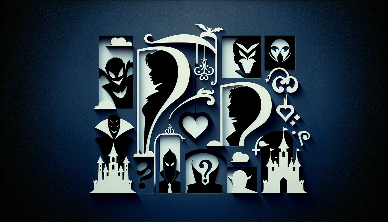 Paper art illustration of red heart shapes swirling around villain motifs like horns crowns potions on dark blue background