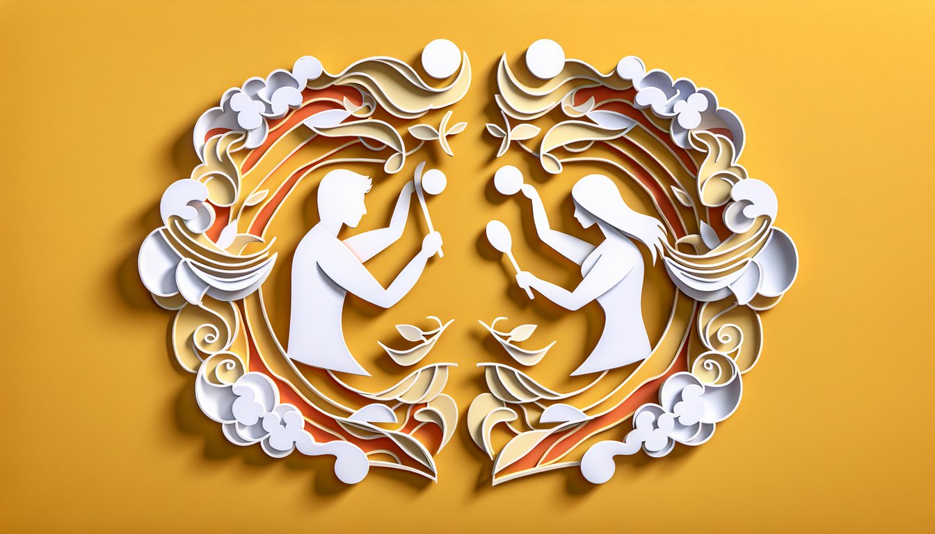 Paper art illustration for a male vs female trivia quiz on a golden yellow background.