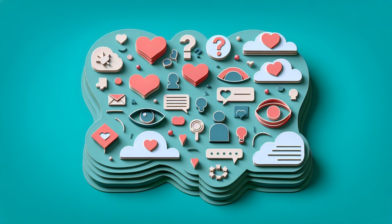 Paper cutout hearts brain icons on teal background inviting to decode her subtle signals for Does She Like Me quiz