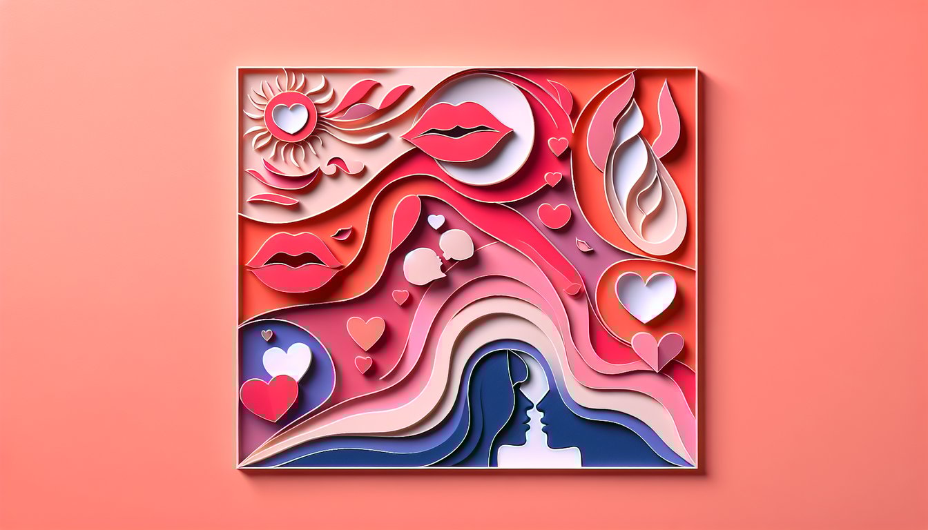 Paper art illustration for a kissing prowess quiz on a coral background