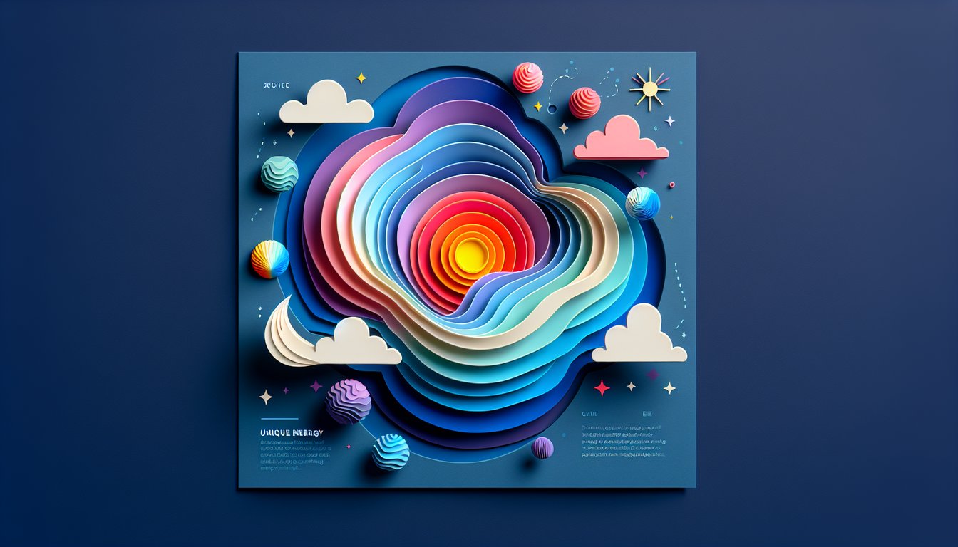 Paper art illustration of layered colorful energy rings against dark blue background for aura quiz