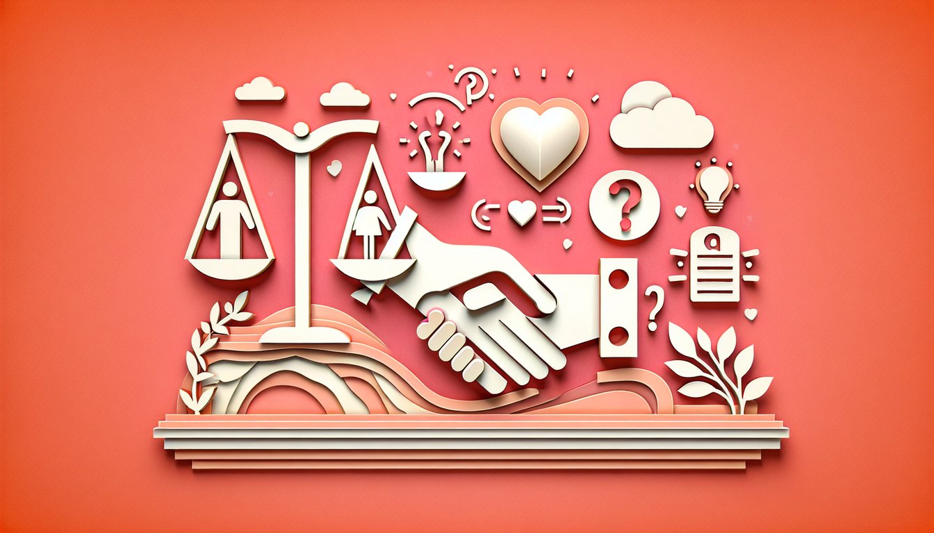 paper art couple with hearts speech bubbles quiz icons on coral background representing respect test