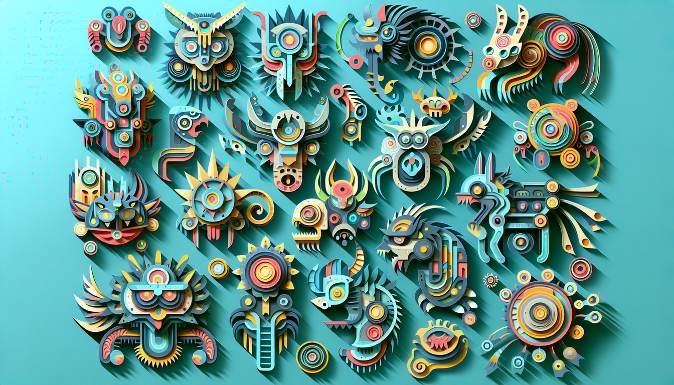 Paper art illustration depicting stylized animatronic faces and quiz elements on teal background.