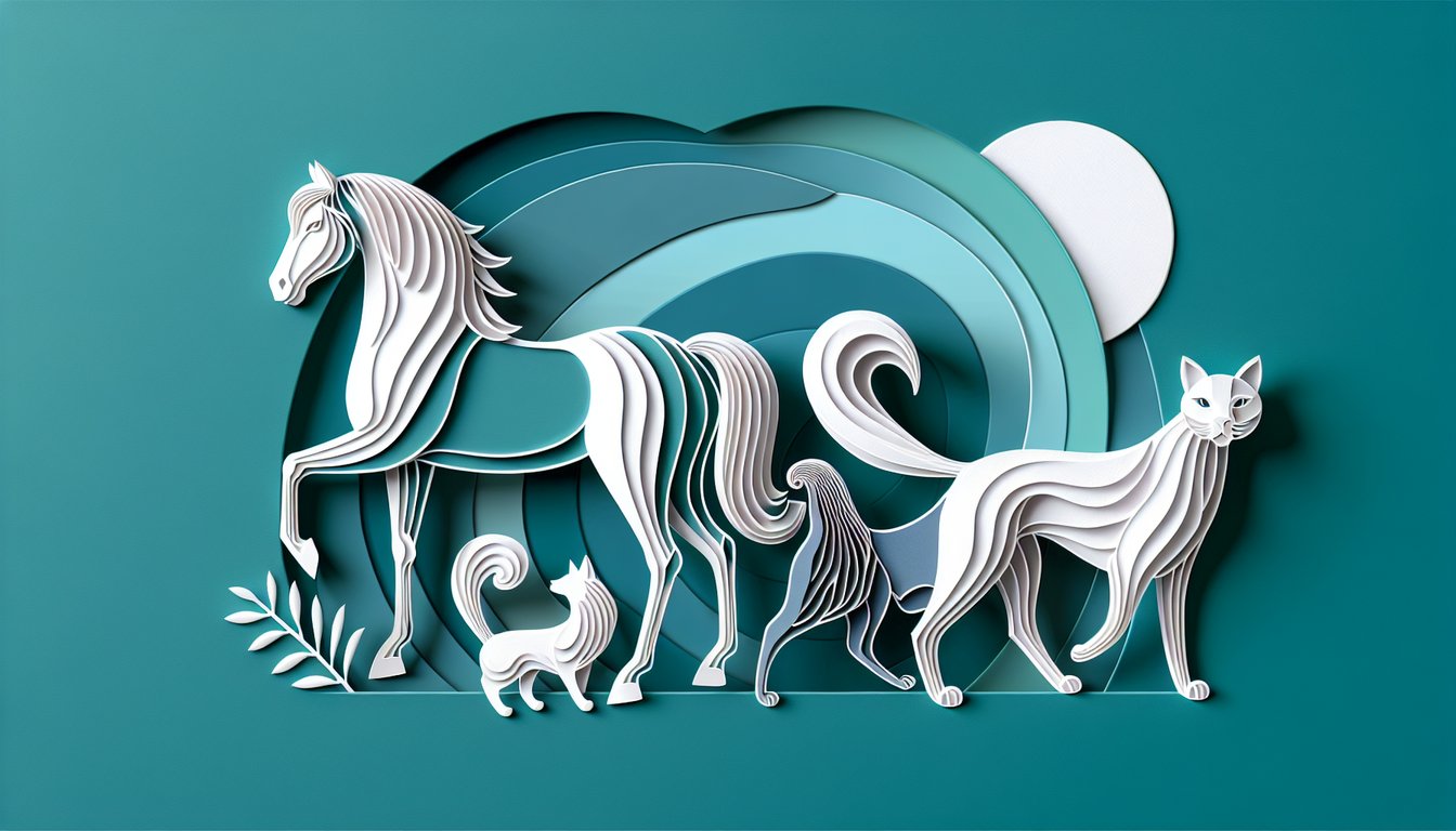 Paper art horse cat and dog silhouettes layered on teal background for free personality quiz