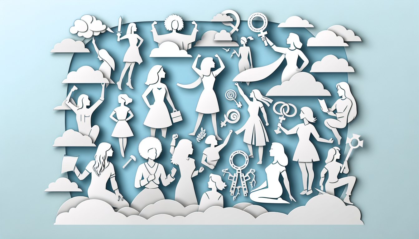 paper cut shapes of diverse female figures and speech bubbles on sky blue background representing feminist perspectives quiz
