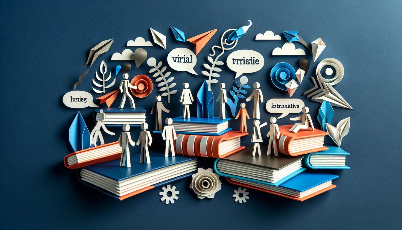 Paper art promoting a trivia quiz on differentiating transitive and intransitive verbs for students.