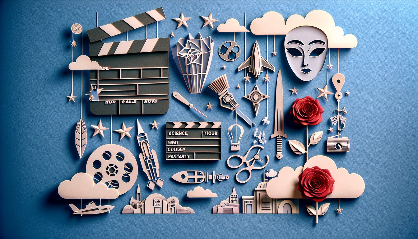 Paper art Netflix quiz illustration with film reel, clapperboard, popcorn, remote control on sky blue background