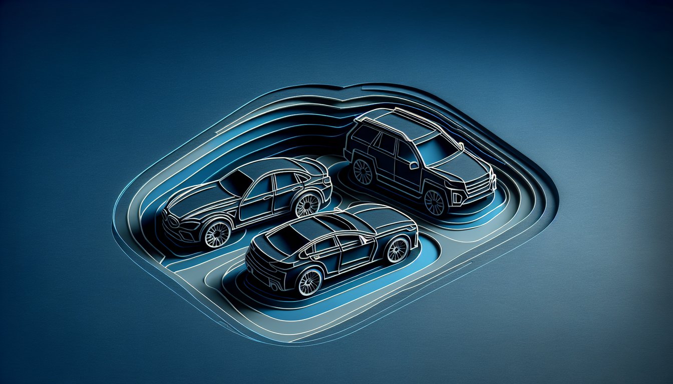 Paper art silhouettes of sports car SUV and sedan on dark blue background for ride style quiz