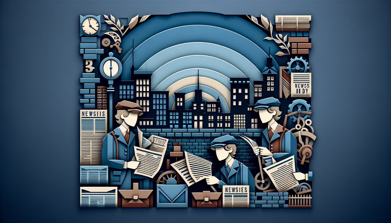 Paper art illustration of Newsies quiz on dark blue background featuring paper cutouts of newsboy hat megaphone newspapers