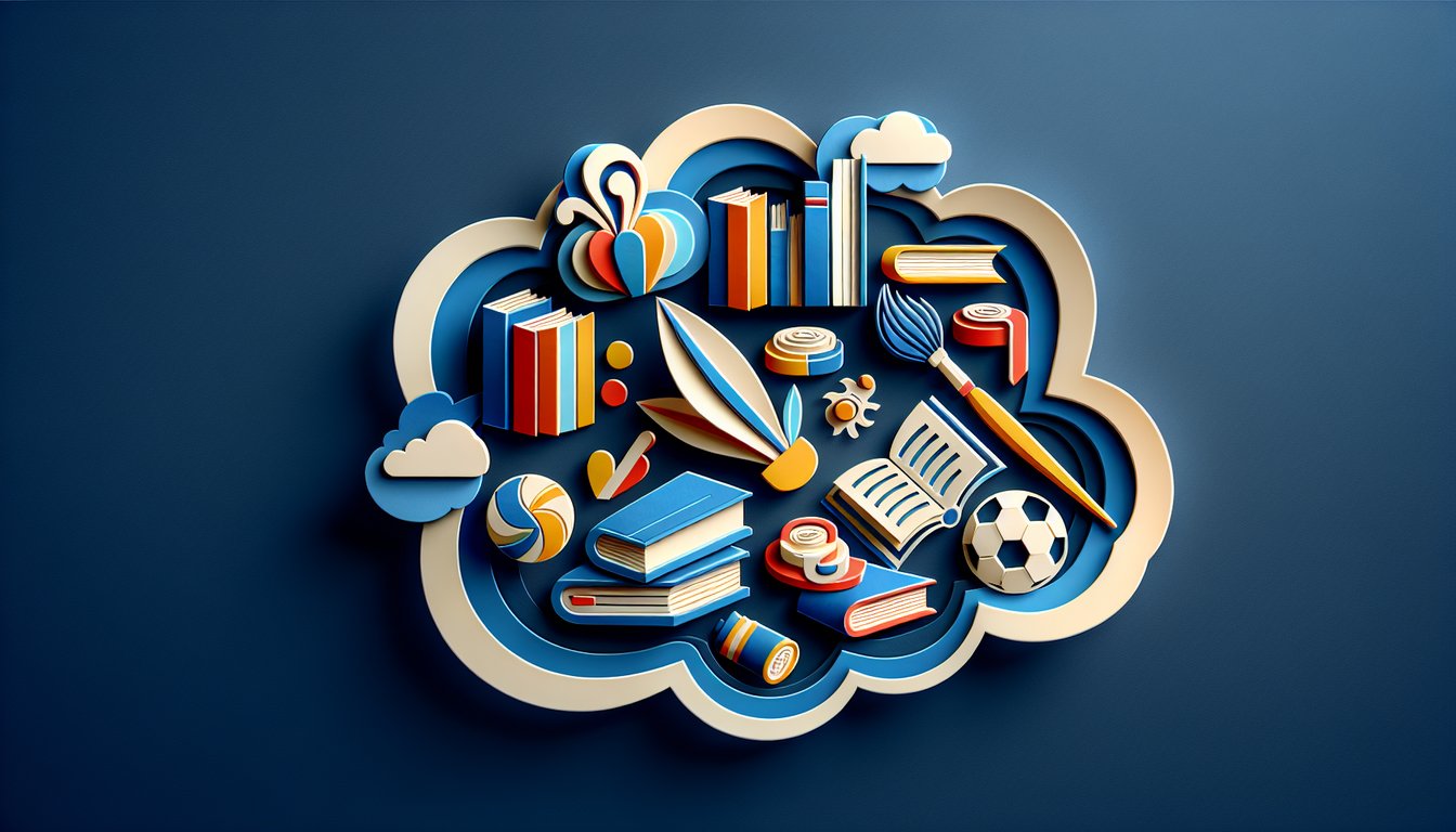 Layered paper cut icons of music art sports science around quiz text for finding your club on dark blue background
