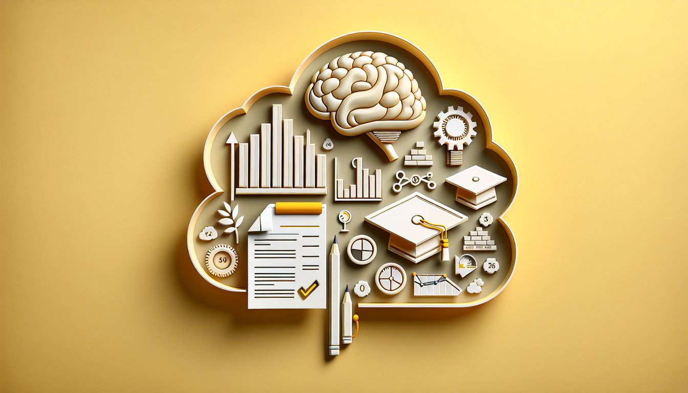 Paper art CFA quiz scene with books, calculator, charts representing sample questions readiness on golden yellow background