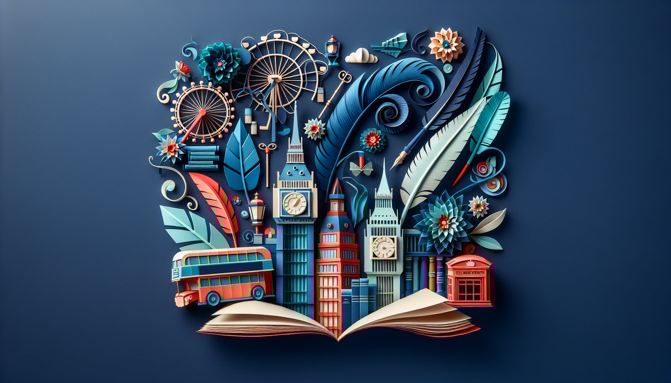 Colorful paper art depicting a trivia quiz for 10th-grade English learners about Londons culture and literature.