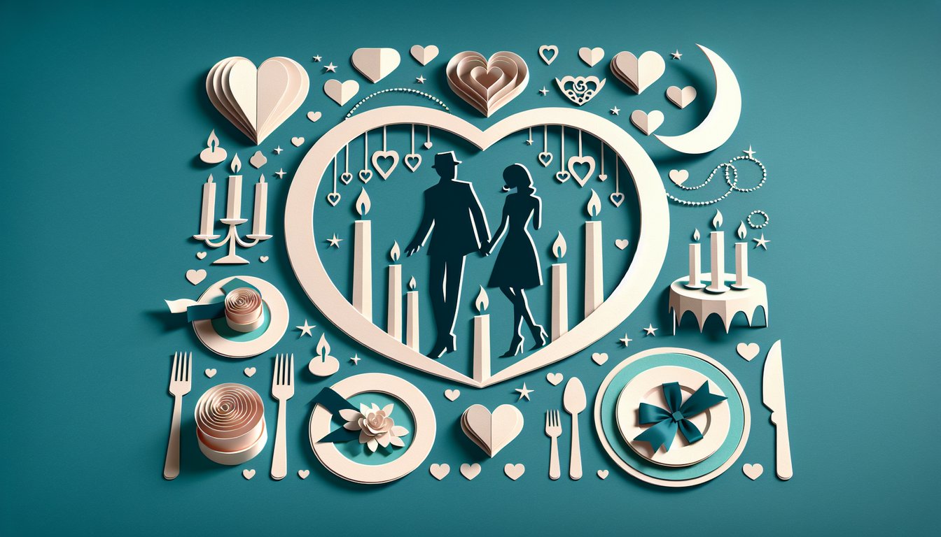 Paper art illustration for How Romantic Are You quiz on a teal background