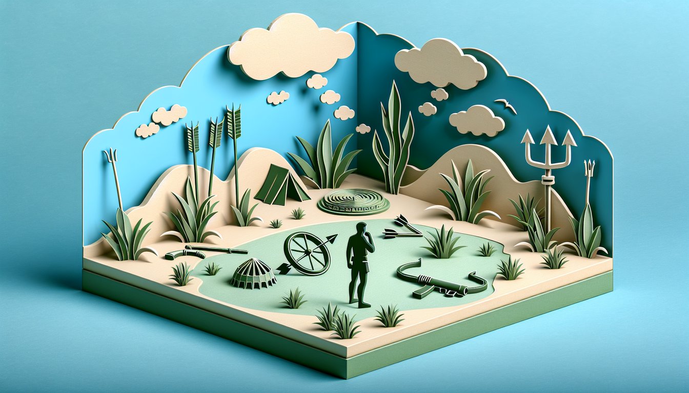 Paper art illustration showing bow arrow, campfire, leaves on a sky blue background for a Hunger Games survival quiz.