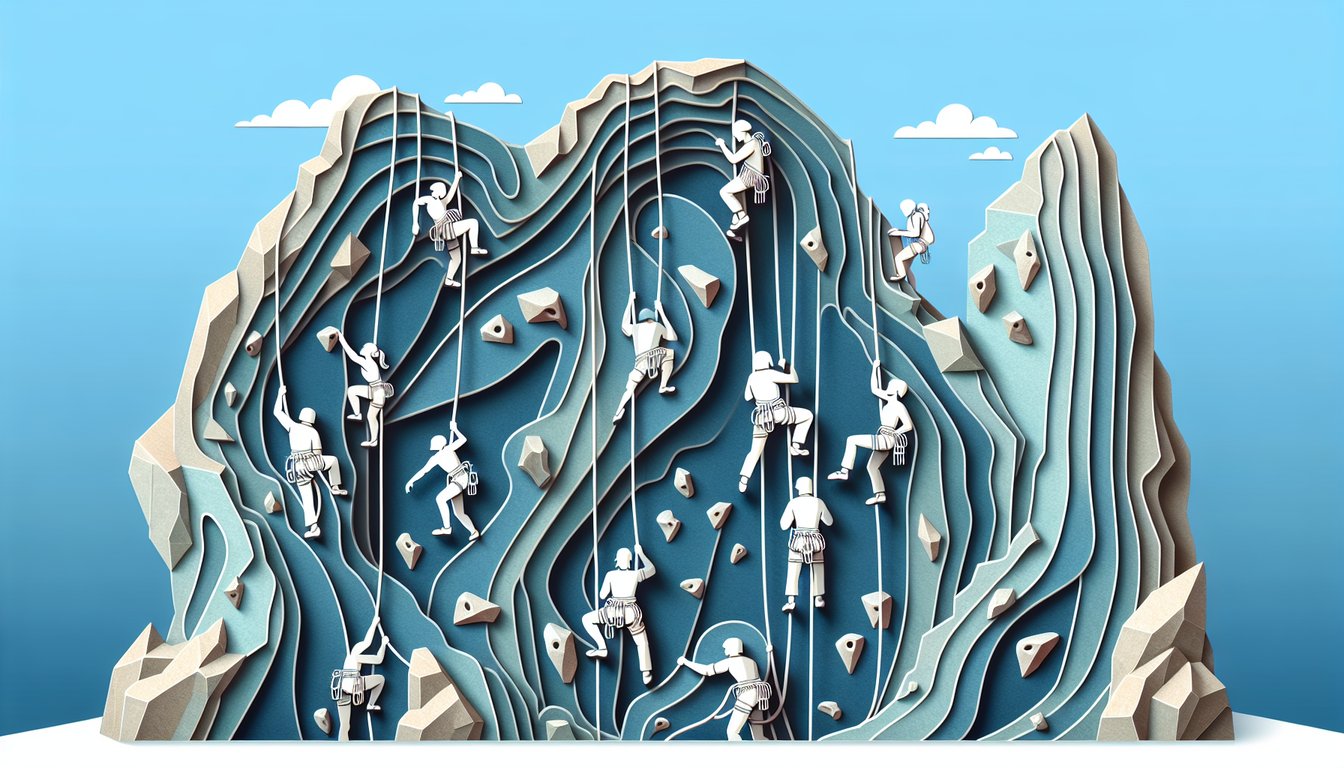 Paper art illustration of climber scaling rocks with gear and fun climbing quiz prompt on sky blue background