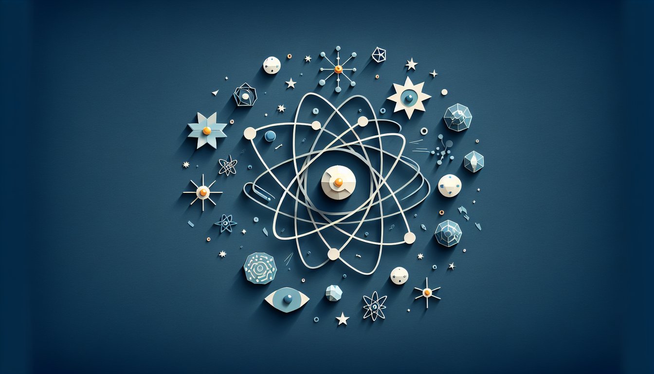 Colorful paper art promoting the Atomic Theory Challenge quiz for high school chemistry students.
