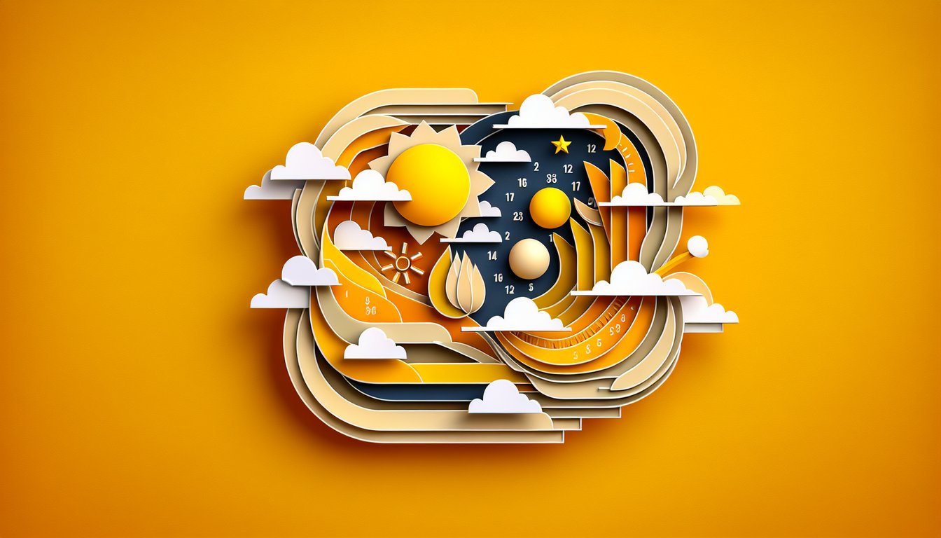 Paper art illustration of Spanish months and seasons quiz on golden yellow background with calendar pages floral accents