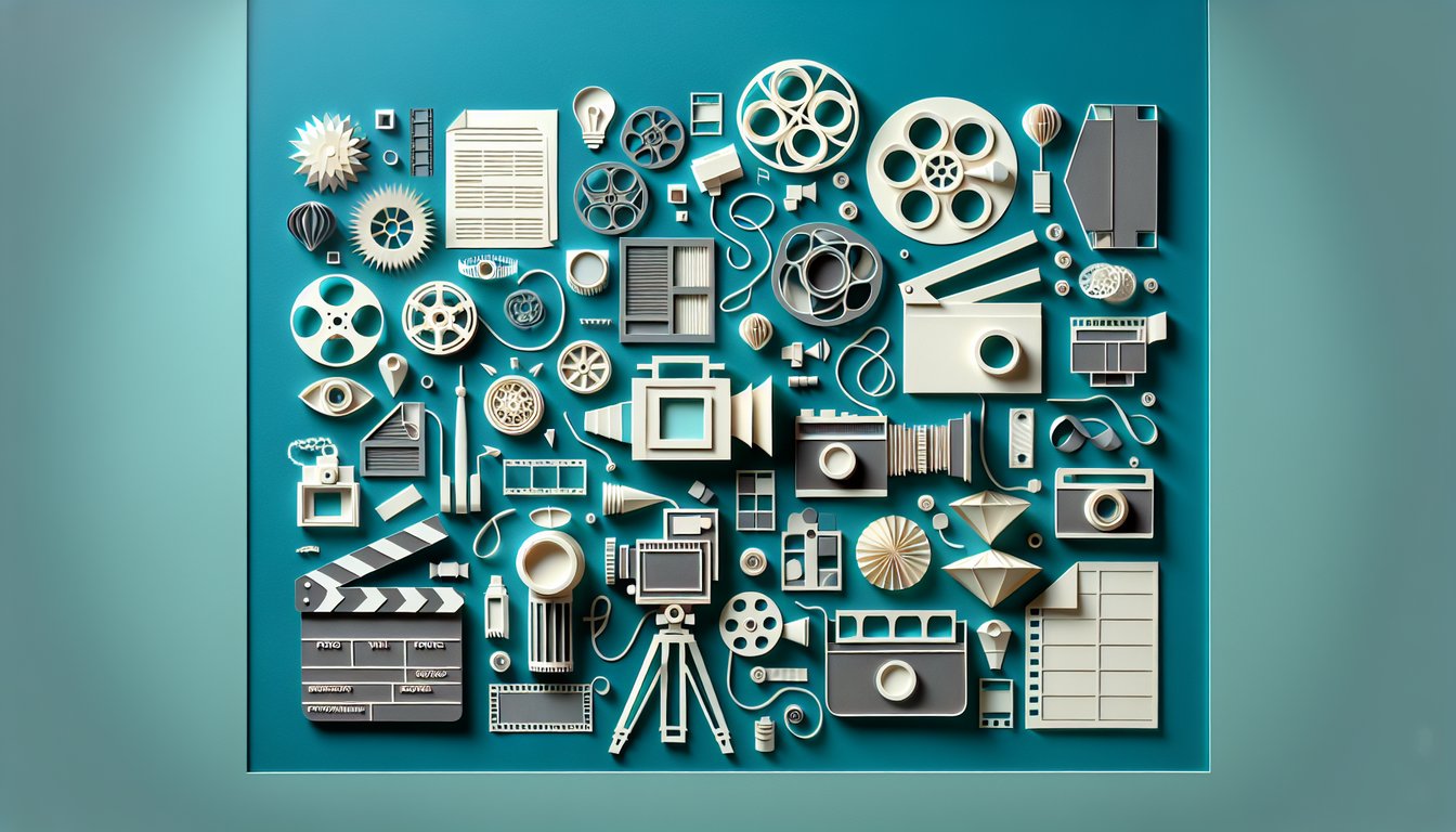 paper art illustration featuring camera lens, film strip, angle lines and quiz icon on teal background