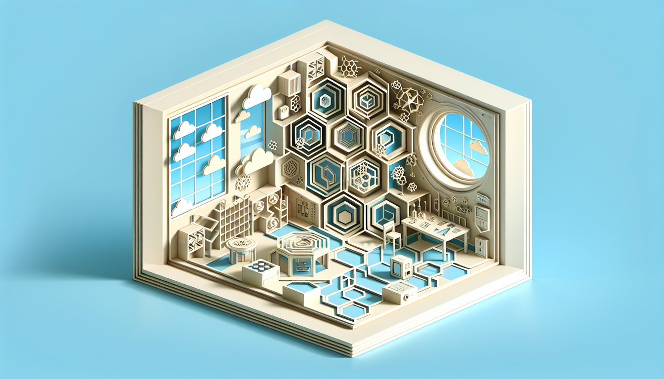 paper cut hexagon room puzzle with keys locks and paths free quiz illustration on sky blue background