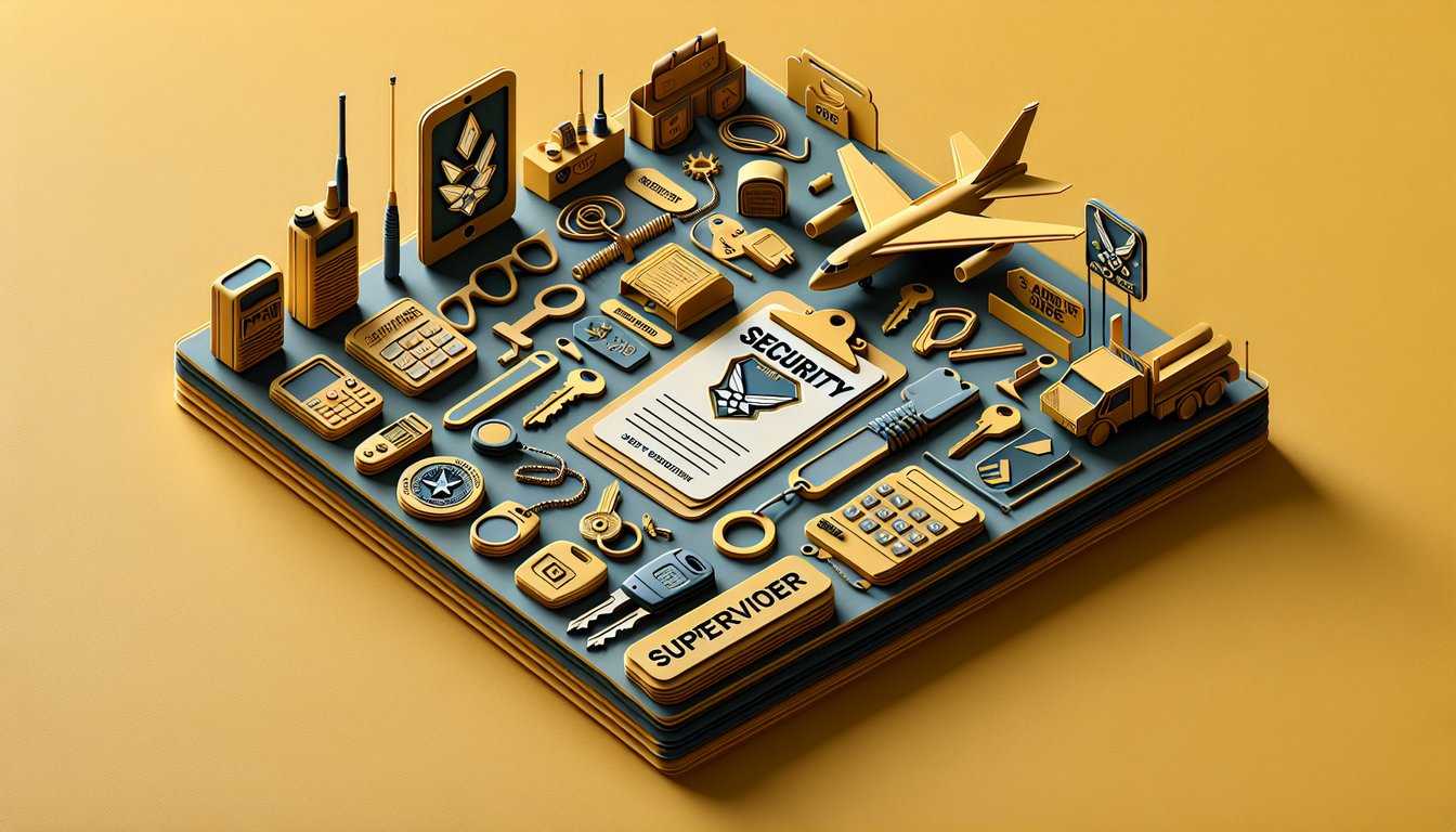 Paper art quiz layout with Air Force rank insignia, shield icon, checklist, security symbols on golden yellow background