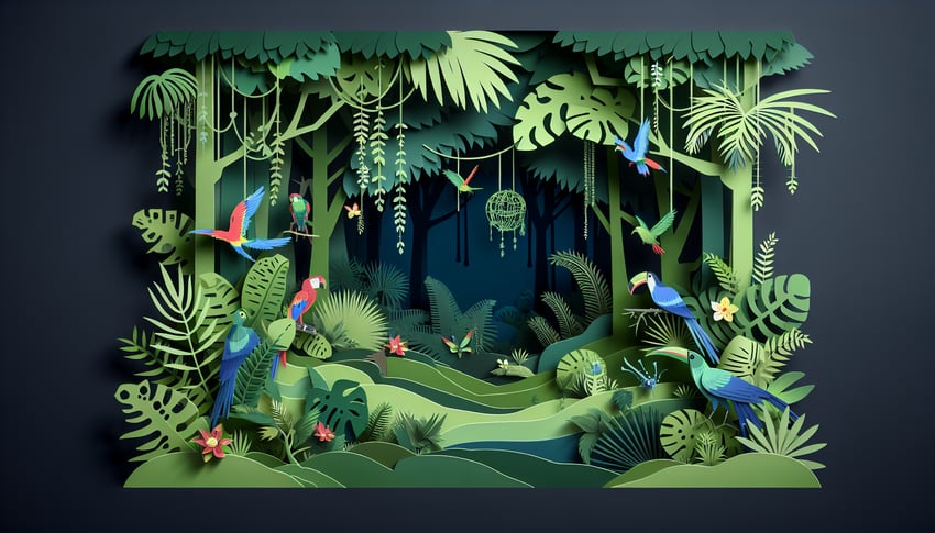 Paper art style tropical leaves, monkeys, parrots, frogs against dark blue backdrop for rainforest trivia quiz